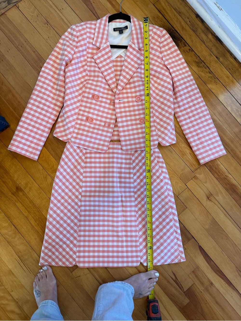 Brooks Brothers Coral Gingham Cropped Blazer & Skirt Suit Set Size 2/4
